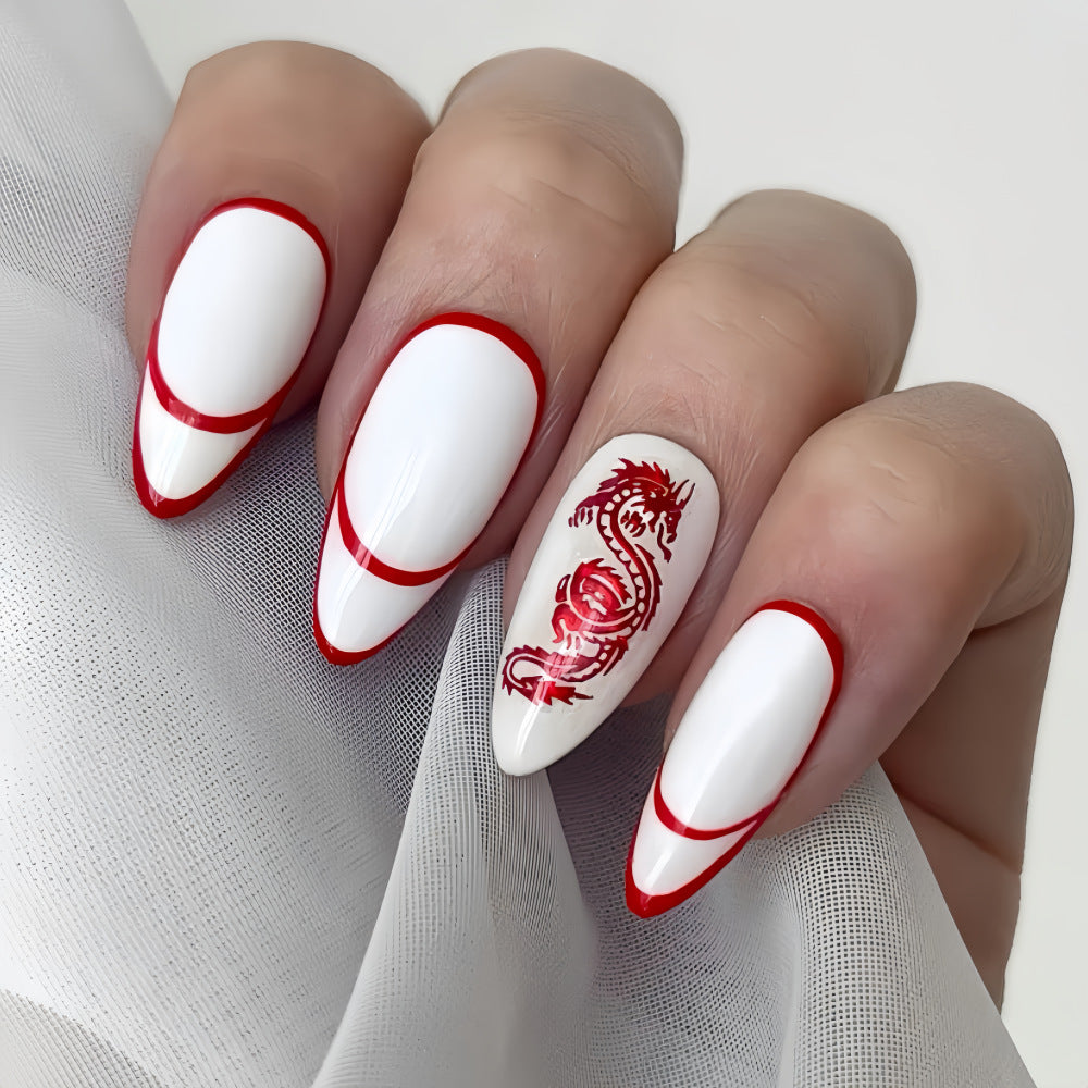 Lucky Dragon Red & White Almond Press-On Nails – Bold Festive Design