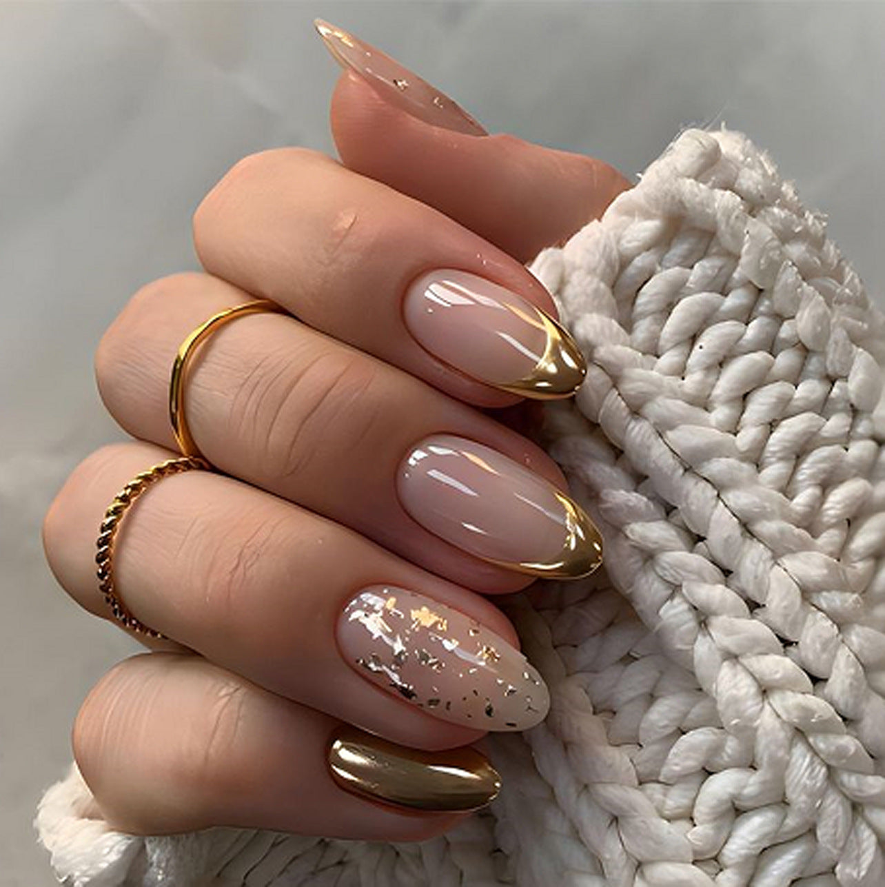 Pearlescent Almond Press-On Nails – Nude & Gold Foil French Tip Glue-On Set