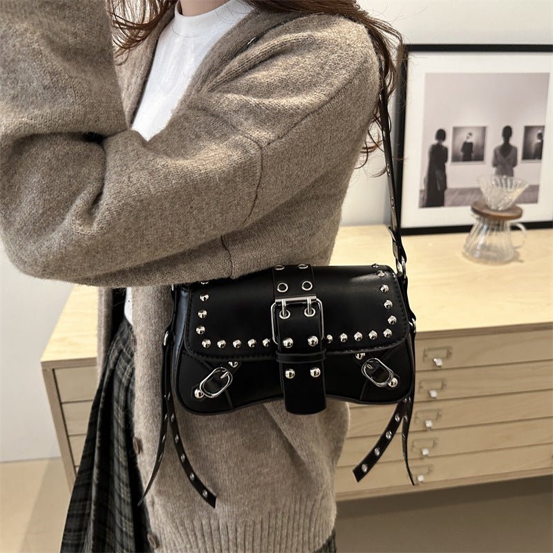 Women’s Rivet Baguette Bag – PU Leather Motorcycle Shoulder Street Style Handbag