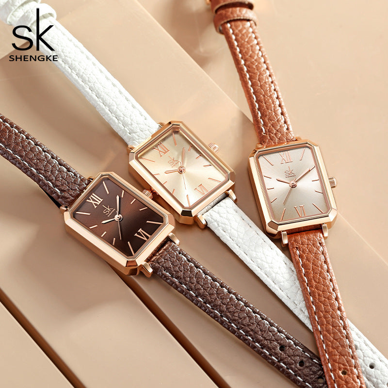 SK Women’s Quartz Watch – Square Dial, Leather Strap, 30M Waterproof Fashion Wristwatch