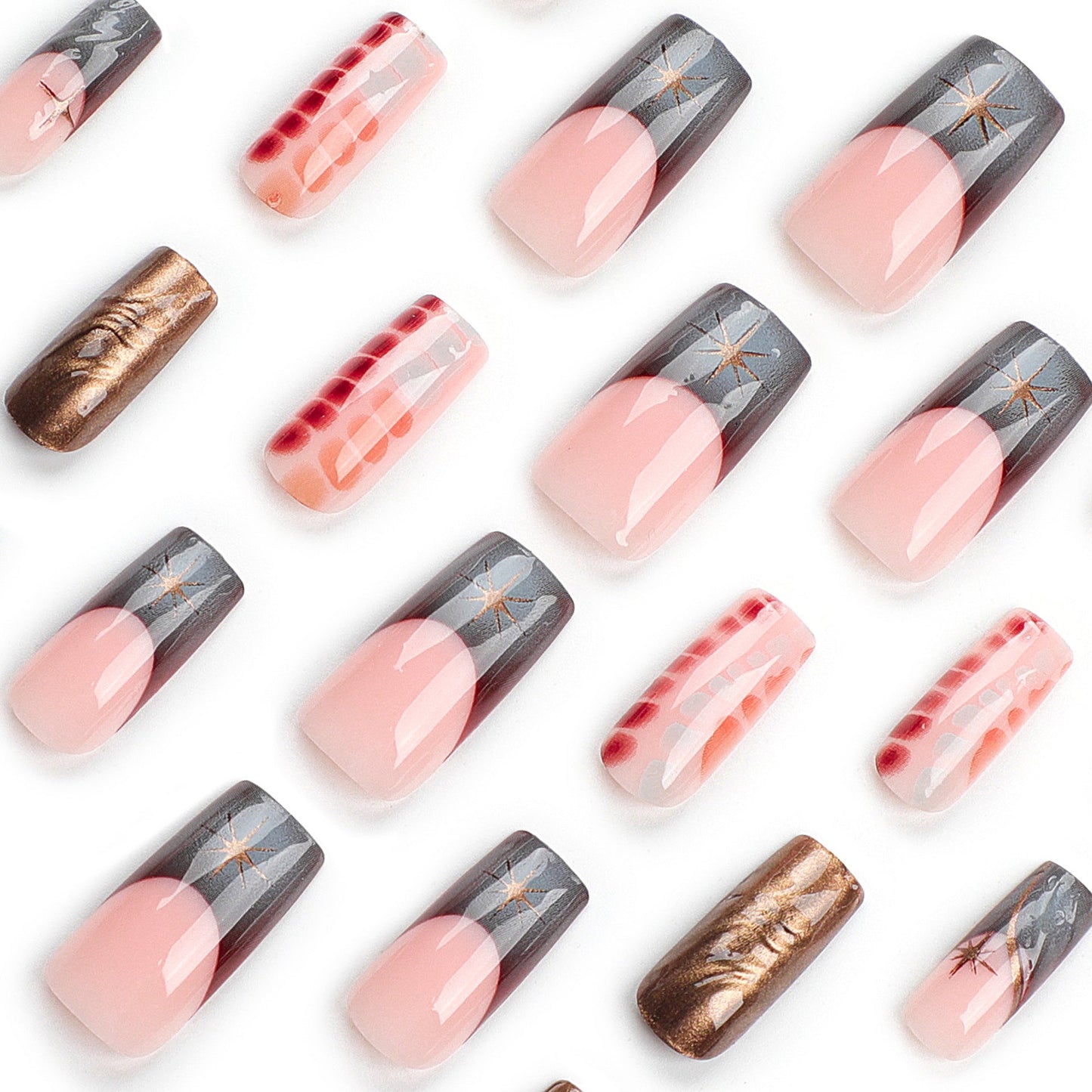 Chrome Starburst Gradient Press-On Nails – Long Coffin Shape, Metallic Swirl Design