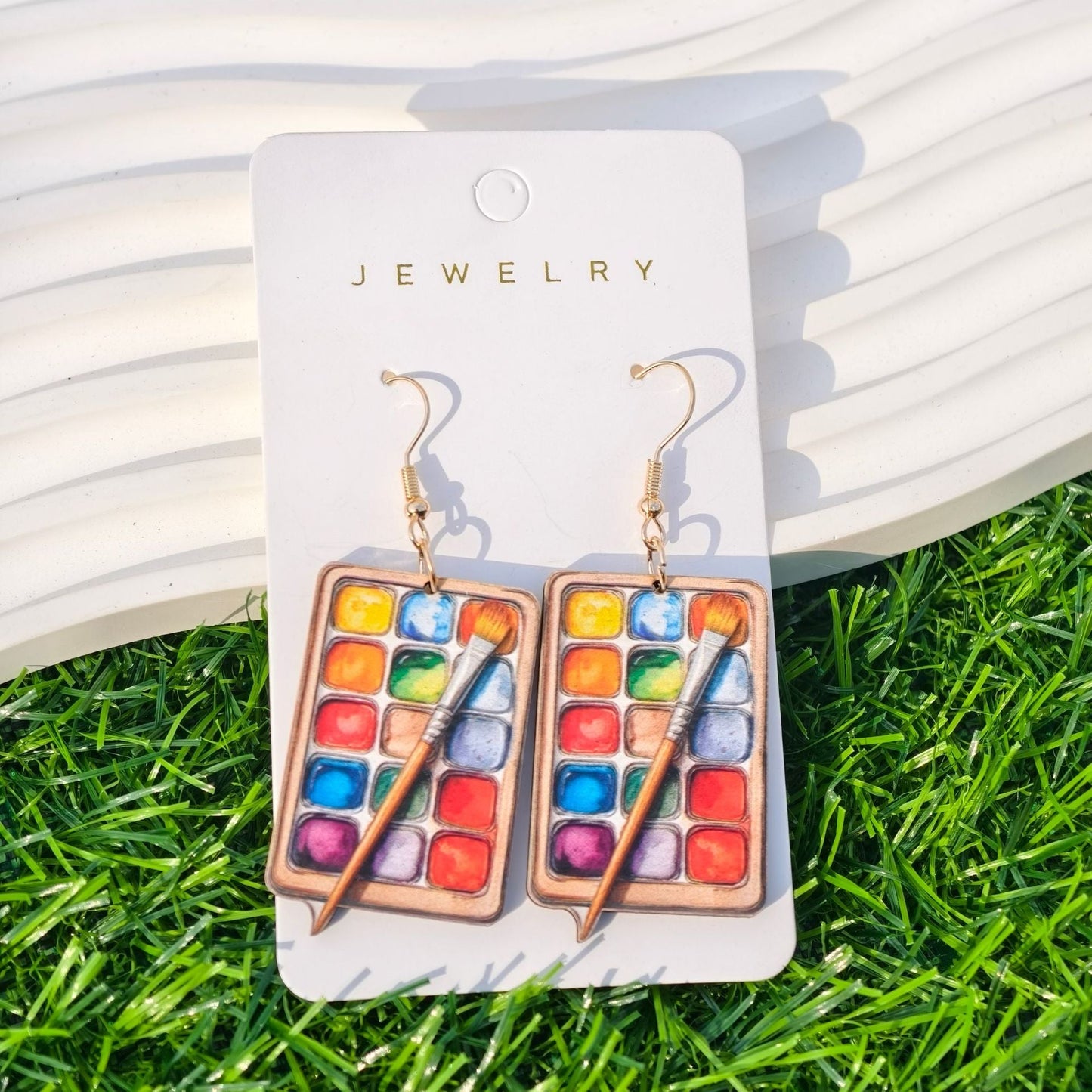 3D Wooden Palette Earrings for Couples – Colorful Geometric Statement Jewelry