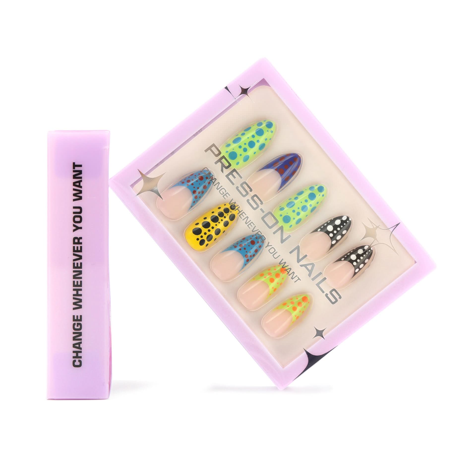 French Polka Dot Press-On Nails – Short Almond Shape, Colorful Nail Art Tips