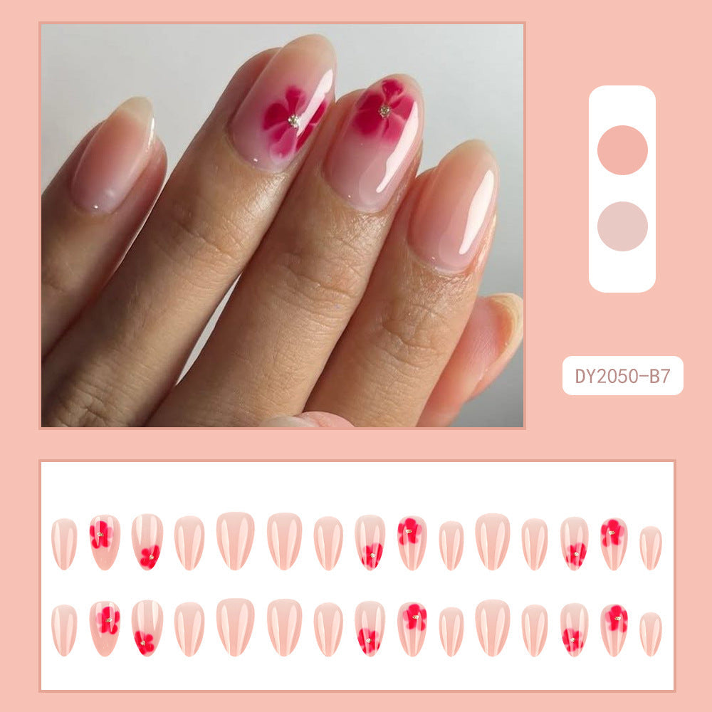 Floral Almond Press-On Nails – Medium Pink Acrylic Nail Tips, Elegant Glue-On Set
