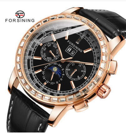 Men’s Rhinestone Mechanical Watch – Multifunction Semi-Automatic Timepiece