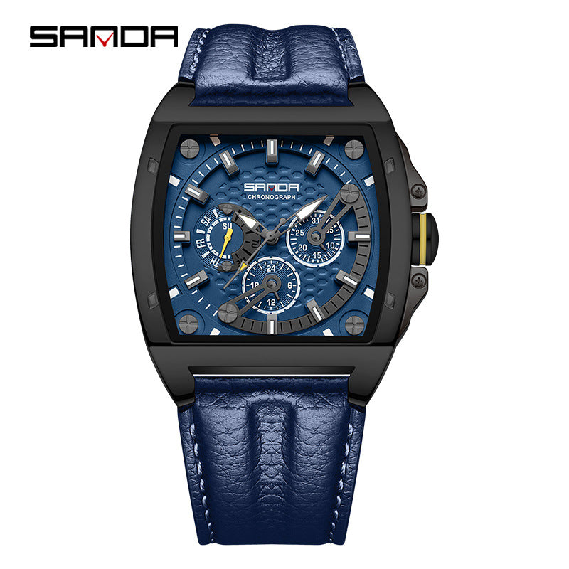 SANDA Luminous Square Men’s Quartz Watch – Leather Strap Business Waterproof Watch