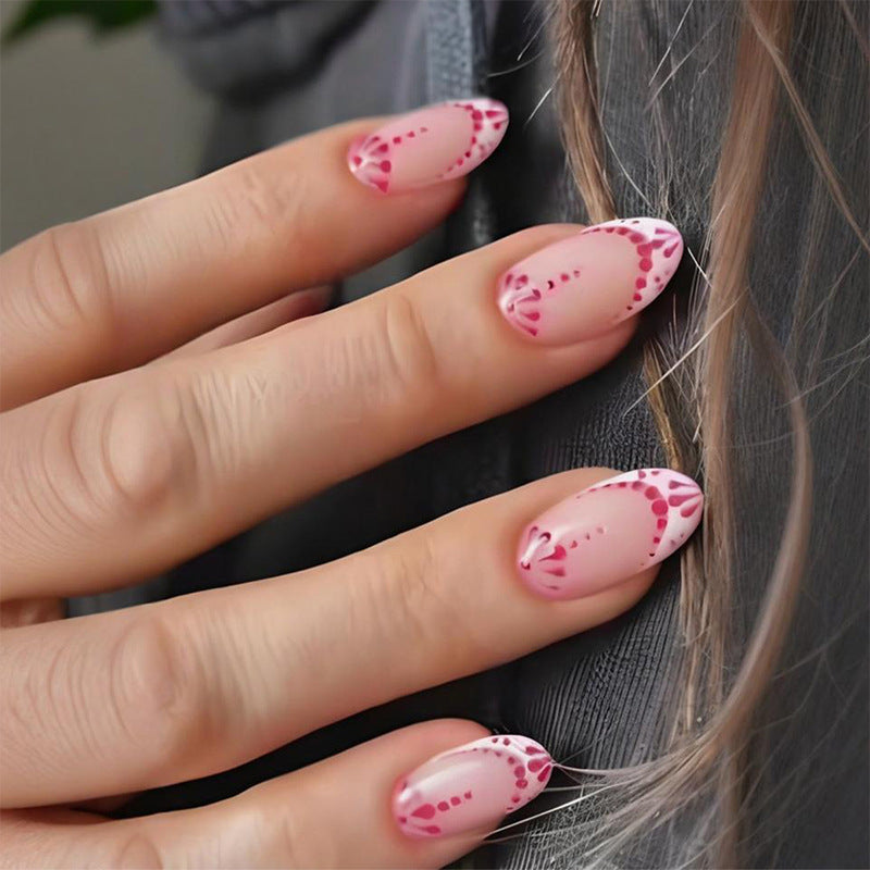 Pink Nude Bohemian Press-On Nails – Almond Acrylic Medium Abstract Floral Set