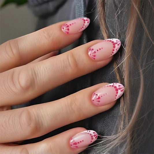 Pink Nude Bohemian Press-On Nails – Almond Acrylic Medium Abstract Floral Set