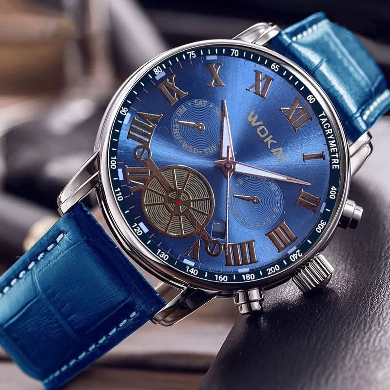 Men's Quartz Sports Watch with Blue Leather Strap