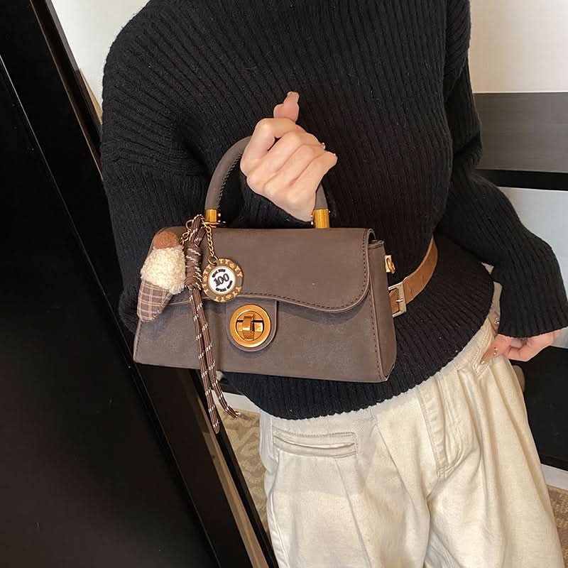 Retro PU Handbag for Women – Mid-Size Lock Messenger Bag with Keychain