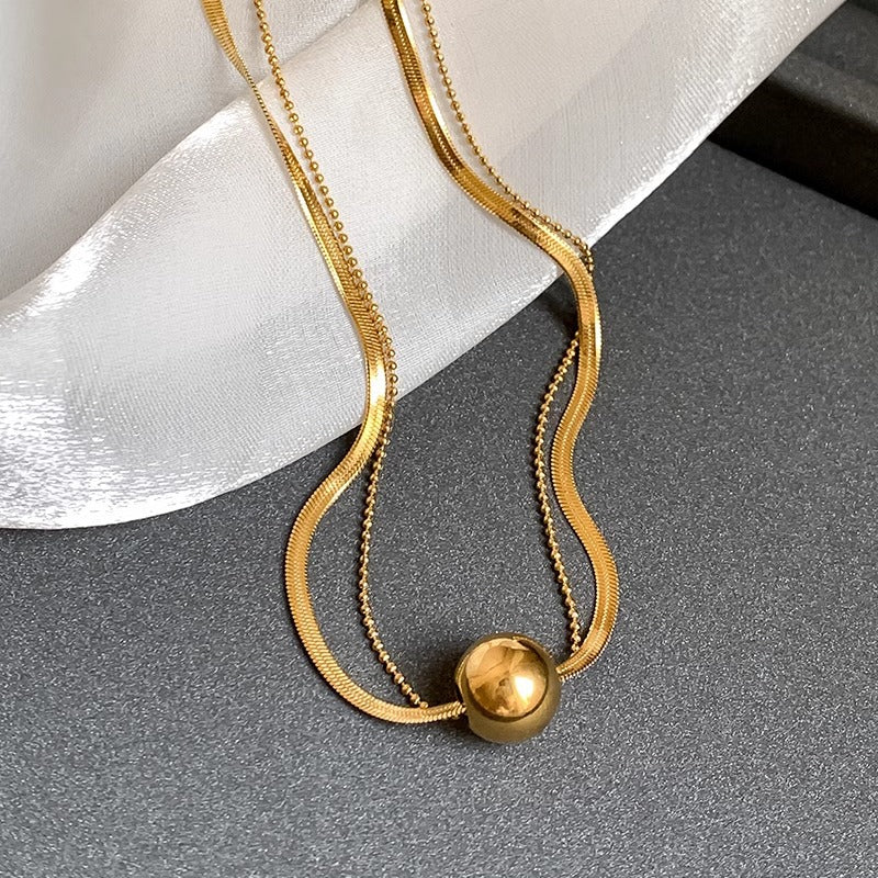 Double Layer Titanium Steel Necklace – Elegant Ball Pendant Clavicle Chain for Women