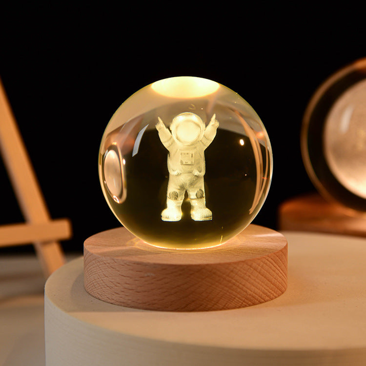 Astronaut Crystal Ball Night Light – 3D Carved Solar System LED Lamp with Wooden Base