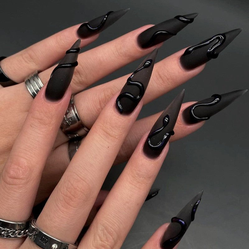 Edgy Black Stiletto Press-On Nails – Long Matte Acrylic with Glossy Snake Design Nails