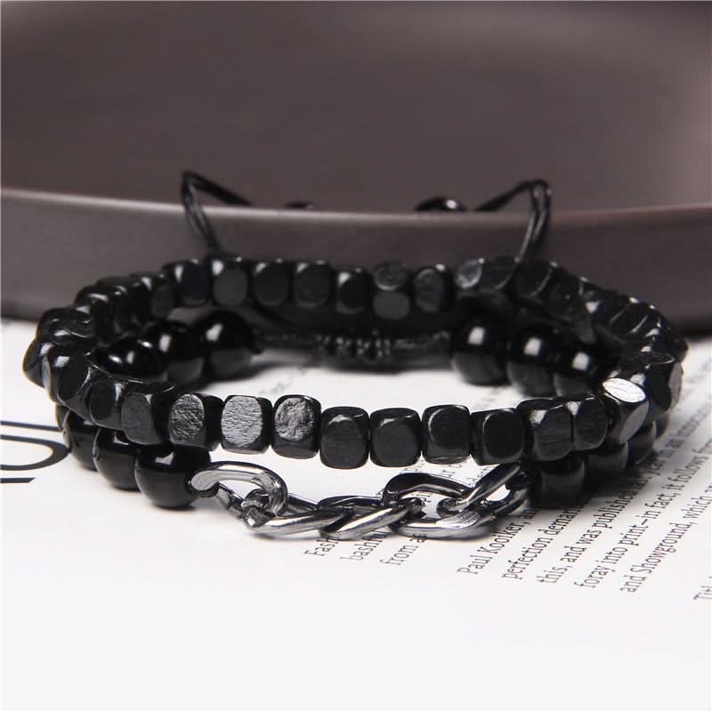 Men’s Lava Stone & Wooden Bead Bracelet – Black Glass Beads