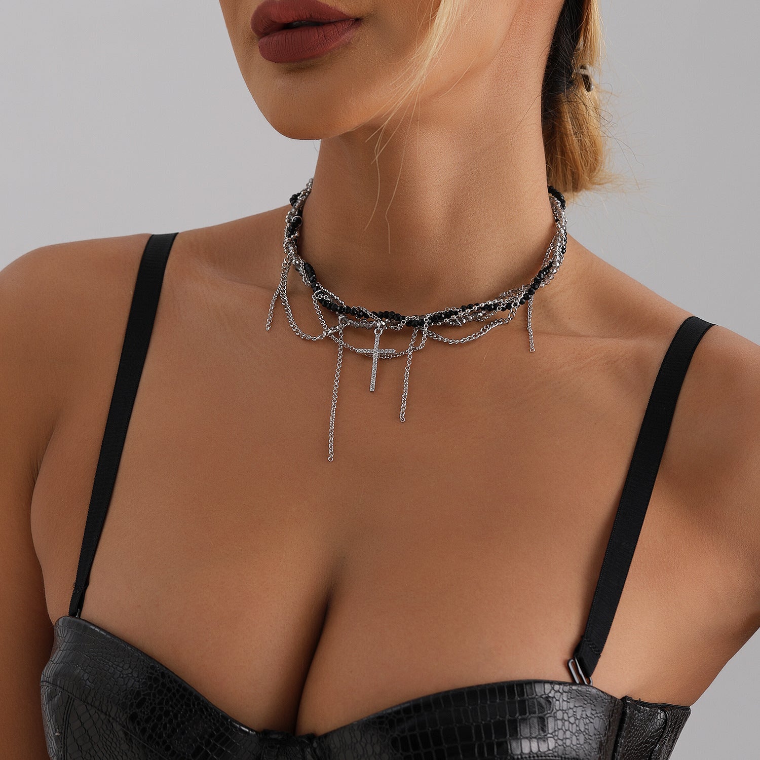 Crystal Cross Pendant Necklace for Women – Snake Chain Tassel Clavicle Necklace