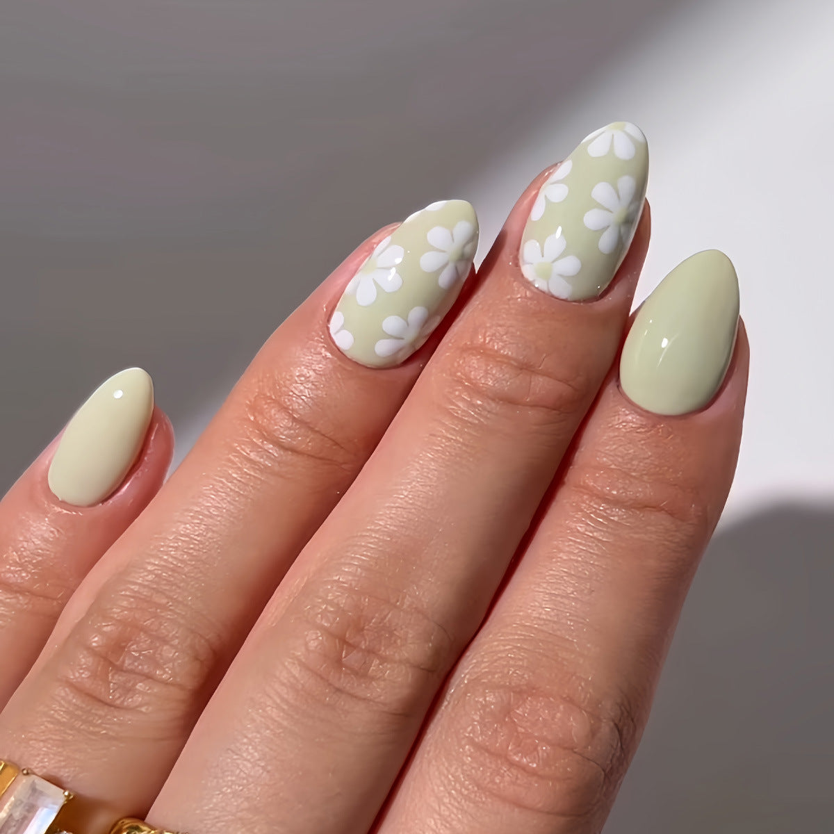 Floral Press-On Nails, Medium Almond Acrylic Glue-On Set – Sage Green Short Nails Set