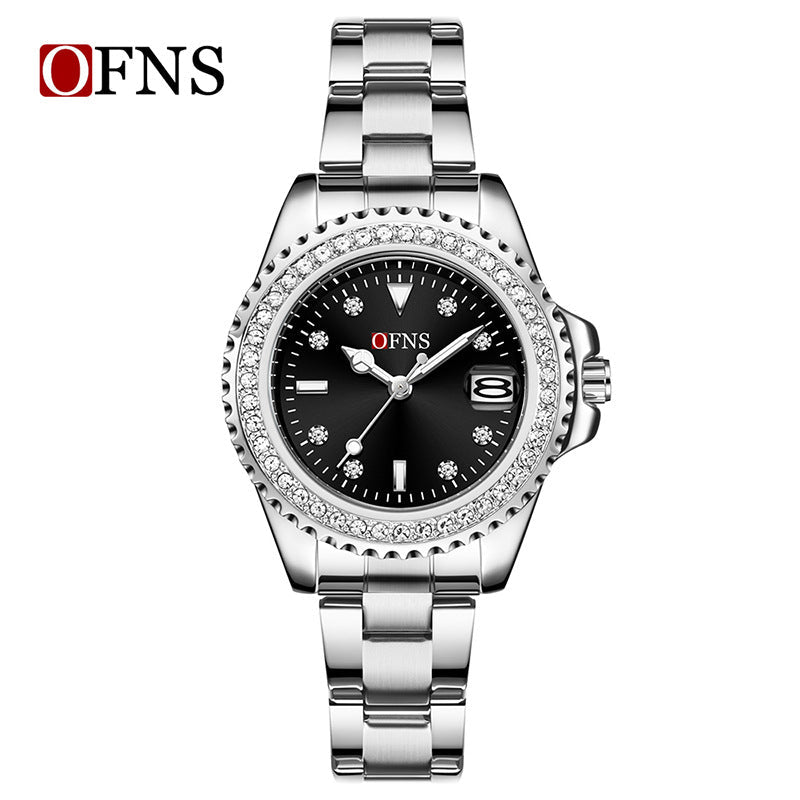 OFNS Women’s Luxury Quartz Watch – Diamond Inlaid Dial, Calendar Display, Steel Strap