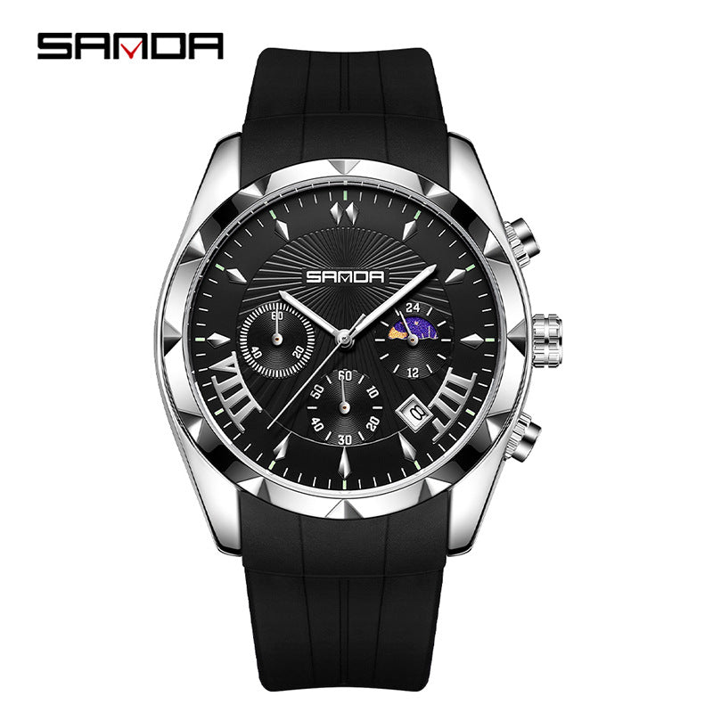 SANDA Men's Silicone Sports Watch – Waterproof Quartz with Calendar & Three-Eye Design