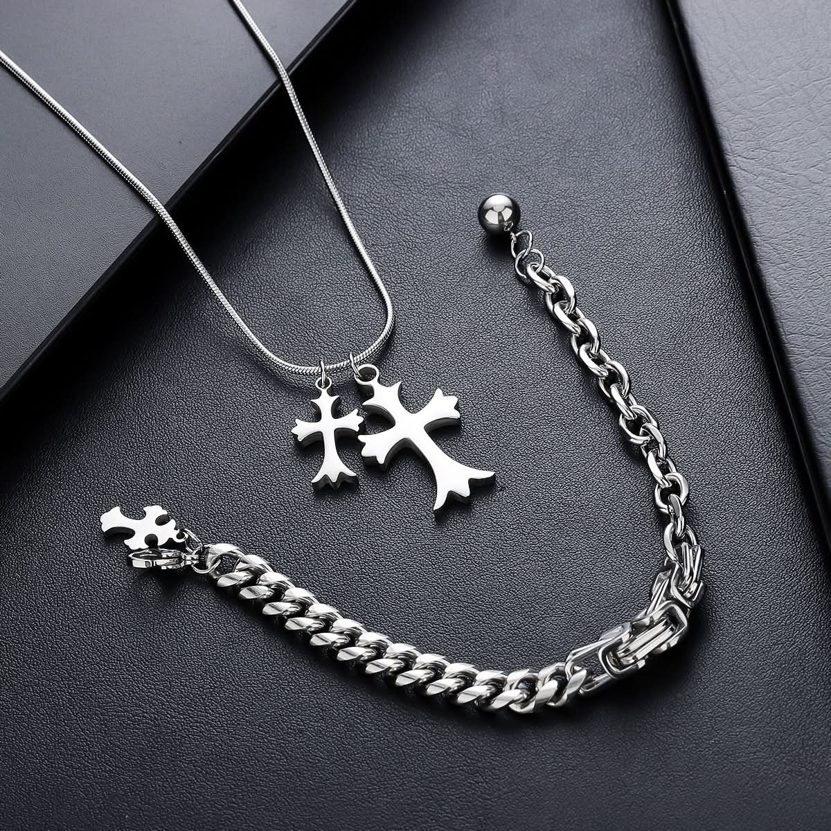Men’s Double Cross Pendant Necklace & Bracelet – Hip-Hop Fashion Jewelry
