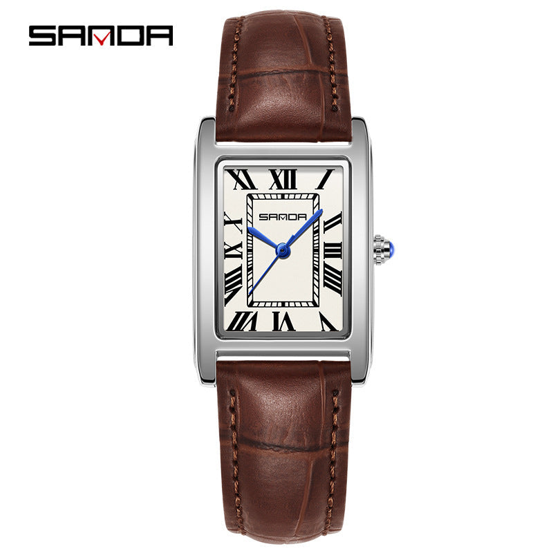 SANDA Retro Square Quartz Watch – Leather Strap Casual Watch for Men & Women