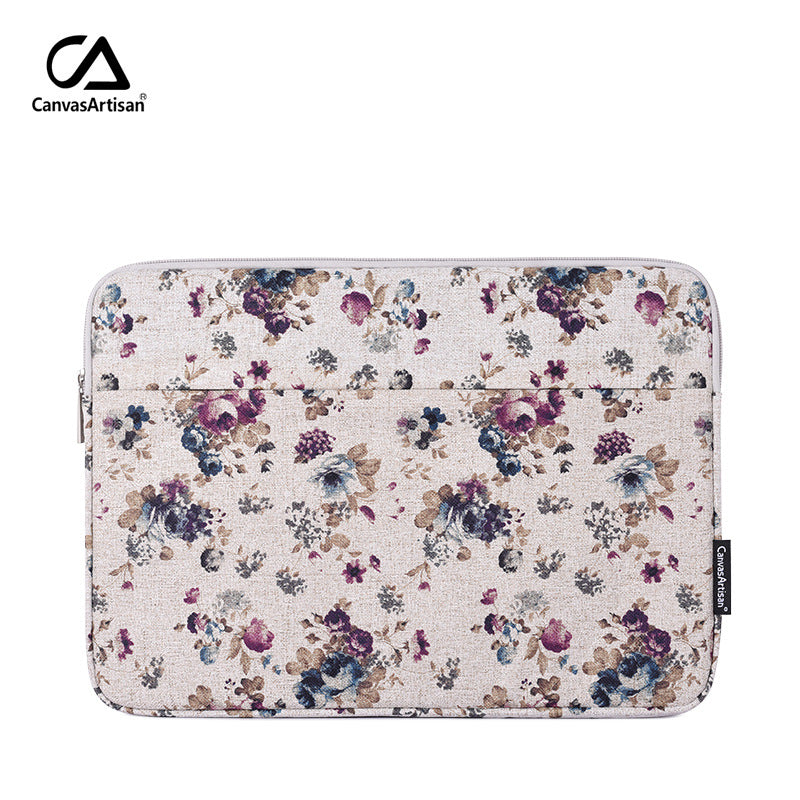 Beige Floral Linen Laptop Sleeve – Waterproof, Shock-Resistant Protective Case