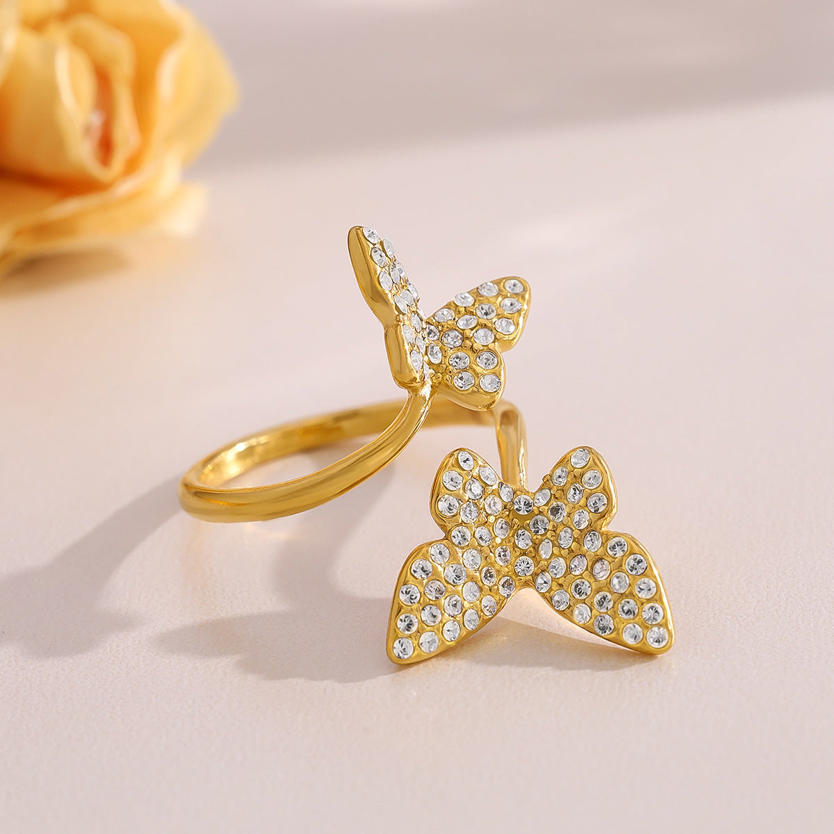 Double Butterfly Diamond Ring – Gold Titanium Steel Adjustable Luxury Jewelry