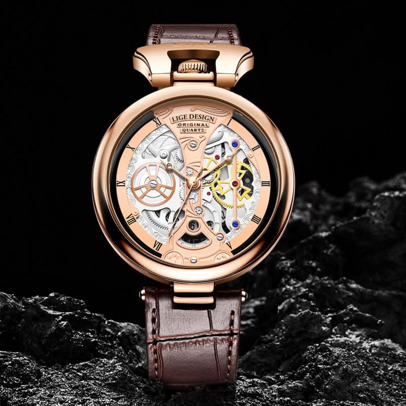Men’s Hollow Dial Quartz Watch – Trendy Waterproof Leather Strap Timepiece