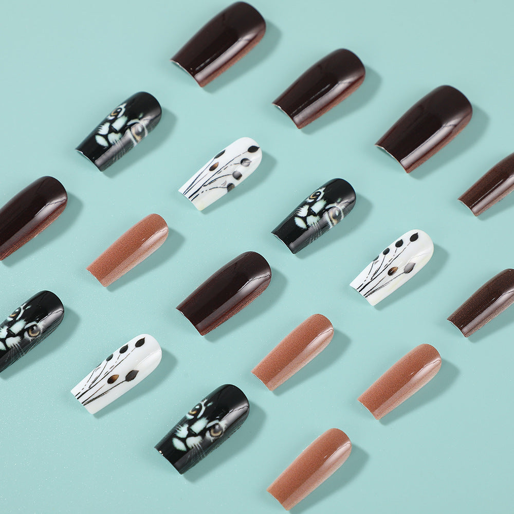 Artistic Glossy Press-On Nails – Long Acrylic with Cat & Leaf Design, Glue-On Nails
