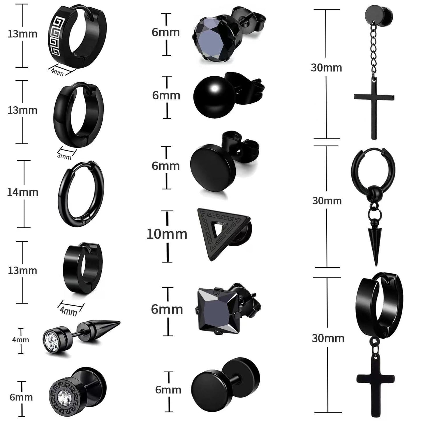 Men’s Black Geometric Stainless Steel Earrings Set (15-pairs)