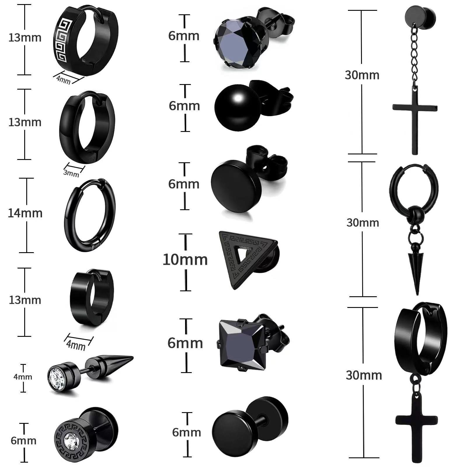 Men’s Black Geometric Stainless Steel Earrings Set (15-pairs)