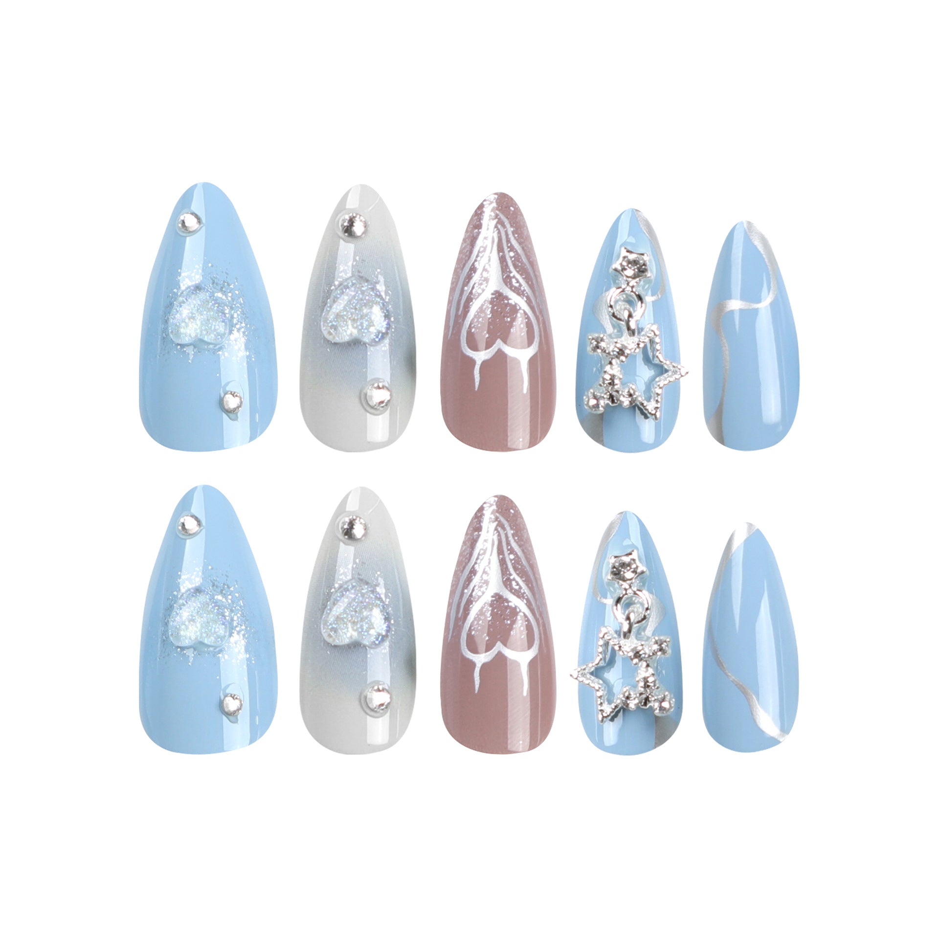 Long Blue Almond Press-On Nails with Stars & Chrome – Celestial Glam Nail Art Set