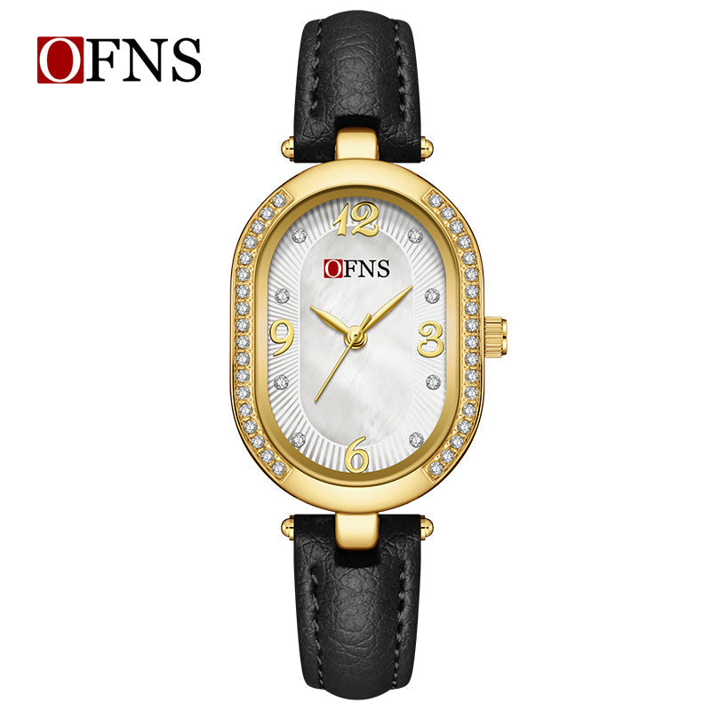 OFNS Diamond Oval Quartz Watch – Waterproof Watch for Women with Leather Strap