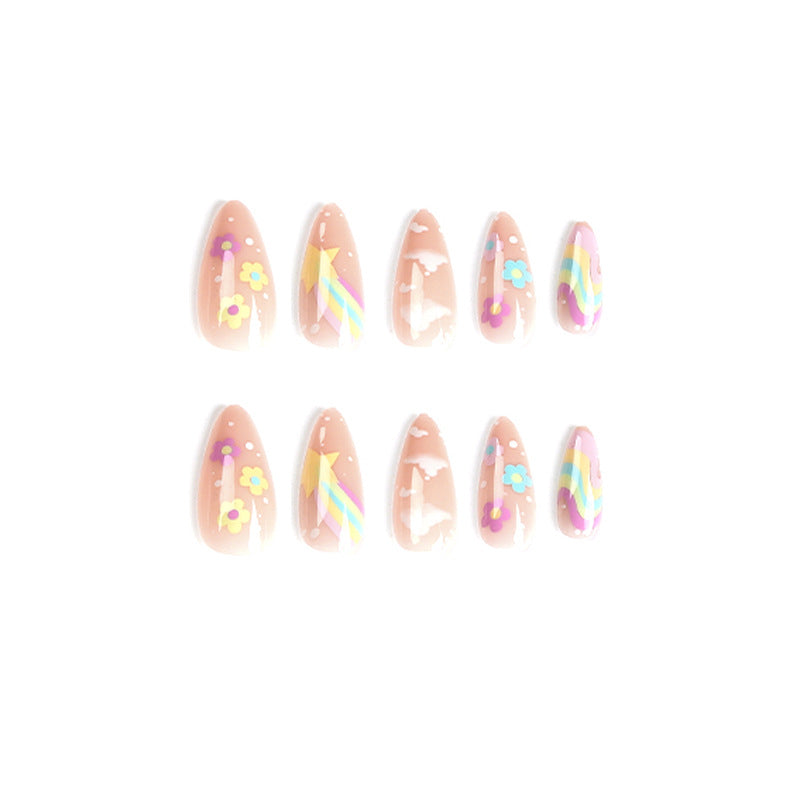 Whimsical Rainbow Press-On Nails – Pastel Almond Glue-On Set