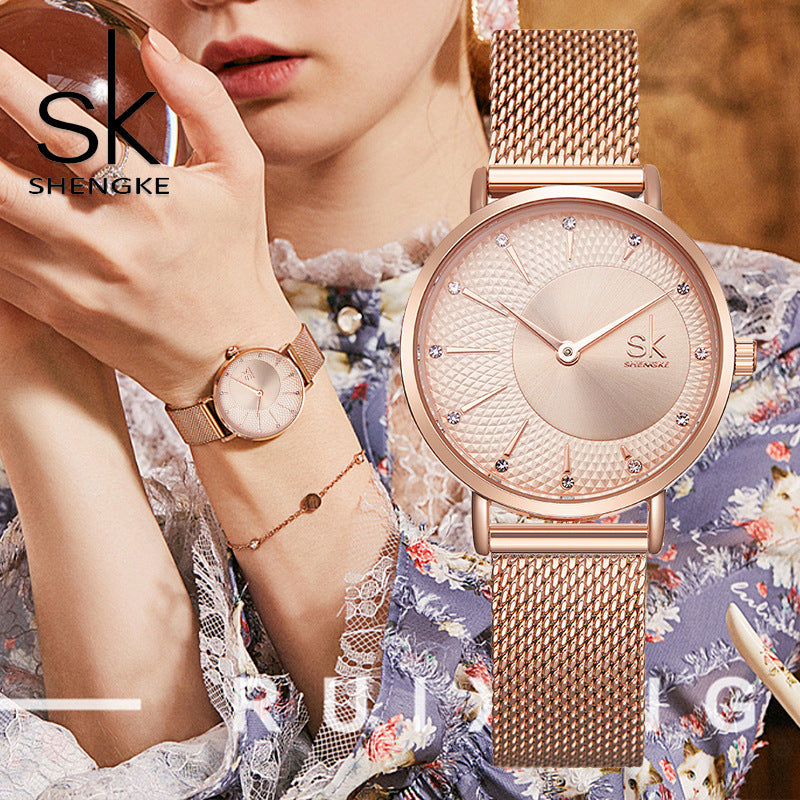 SK Women’s Quartz Watch – Diamond Dial Stainless Steel Mesh Fashion Timepiece