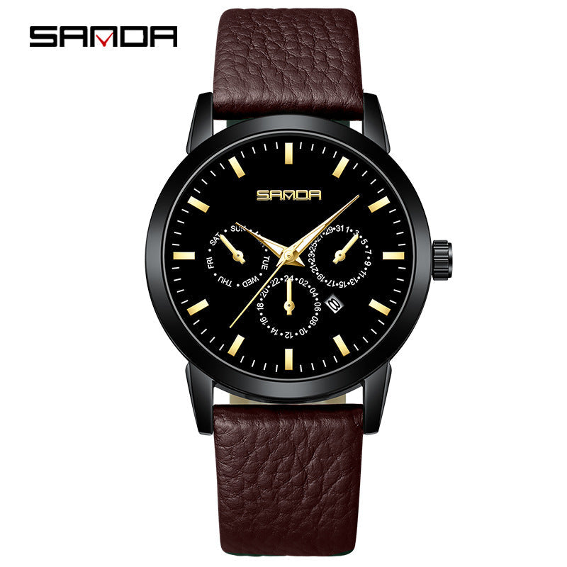 Sanda Men’s Leather Quartz Watch – Three-Eye Chronograph, Waterproof Business Analog Watch