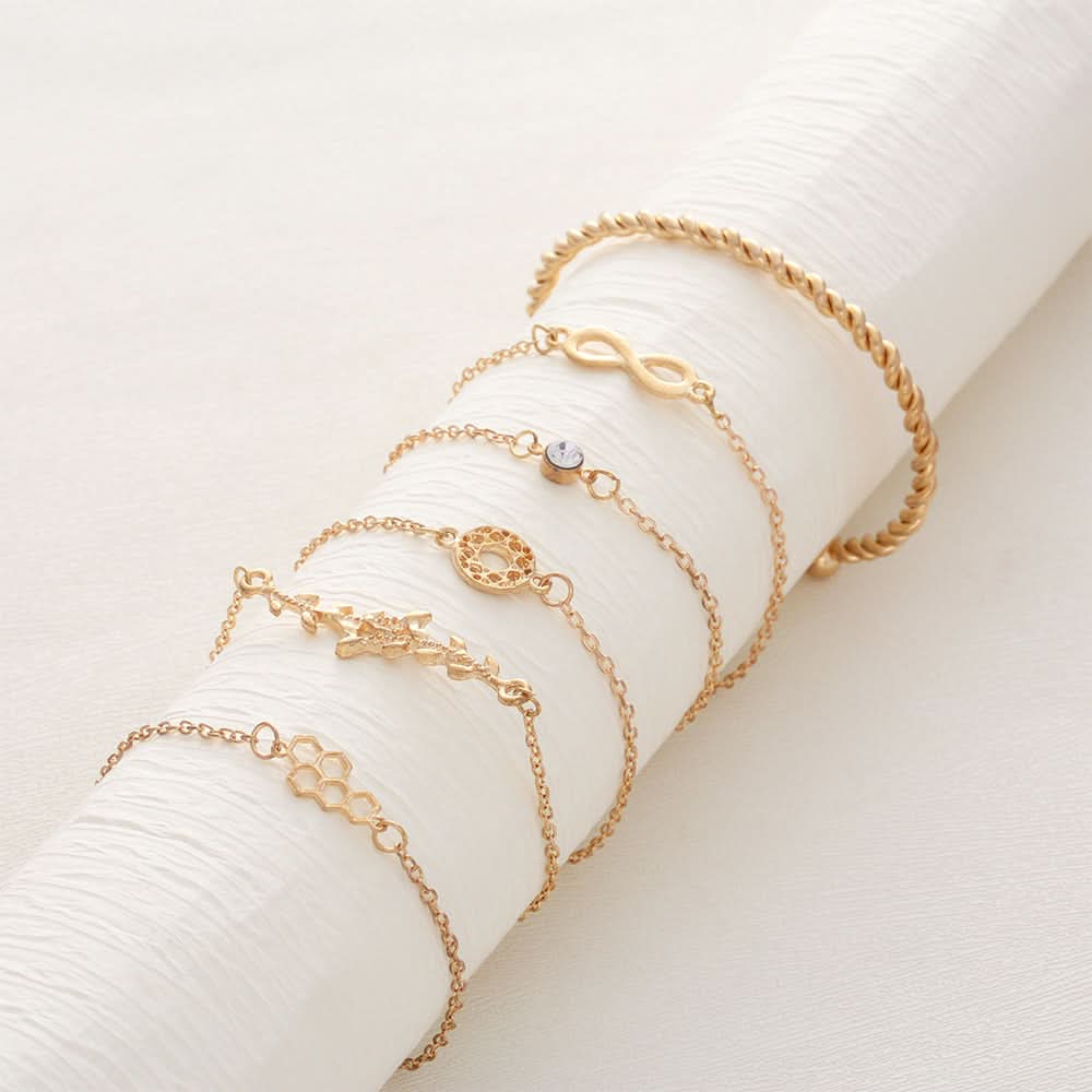 Women’s Rose Gold Bracelet Set – 6-Piece Infinity, Leaf & Diamond Charm Bangles