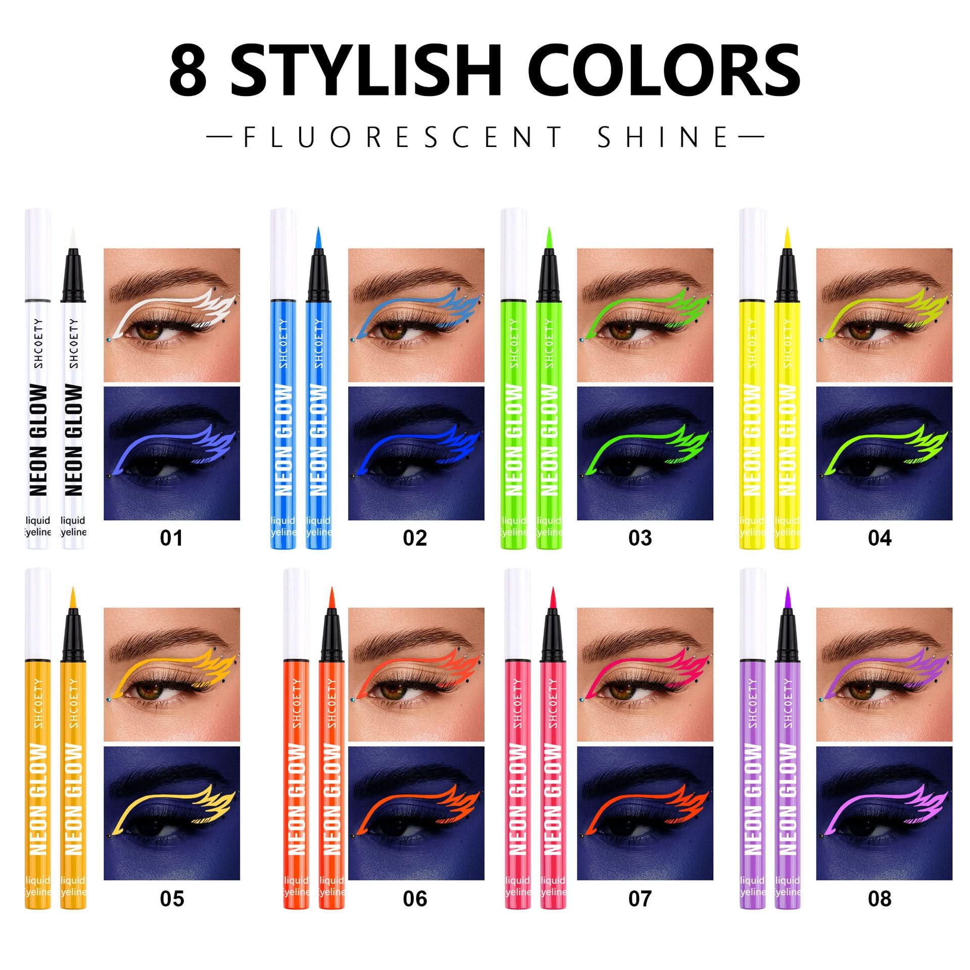 SHCOETY 8-Color Fluorescent Liquid Eyeliner – Glow-in-the-Dark, Waterproof