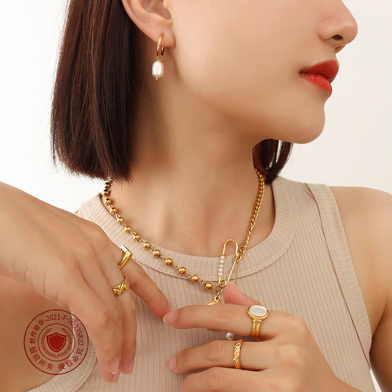 Freshwater Pearl Hoop Earrings – Titanium Steel, Geometric Design