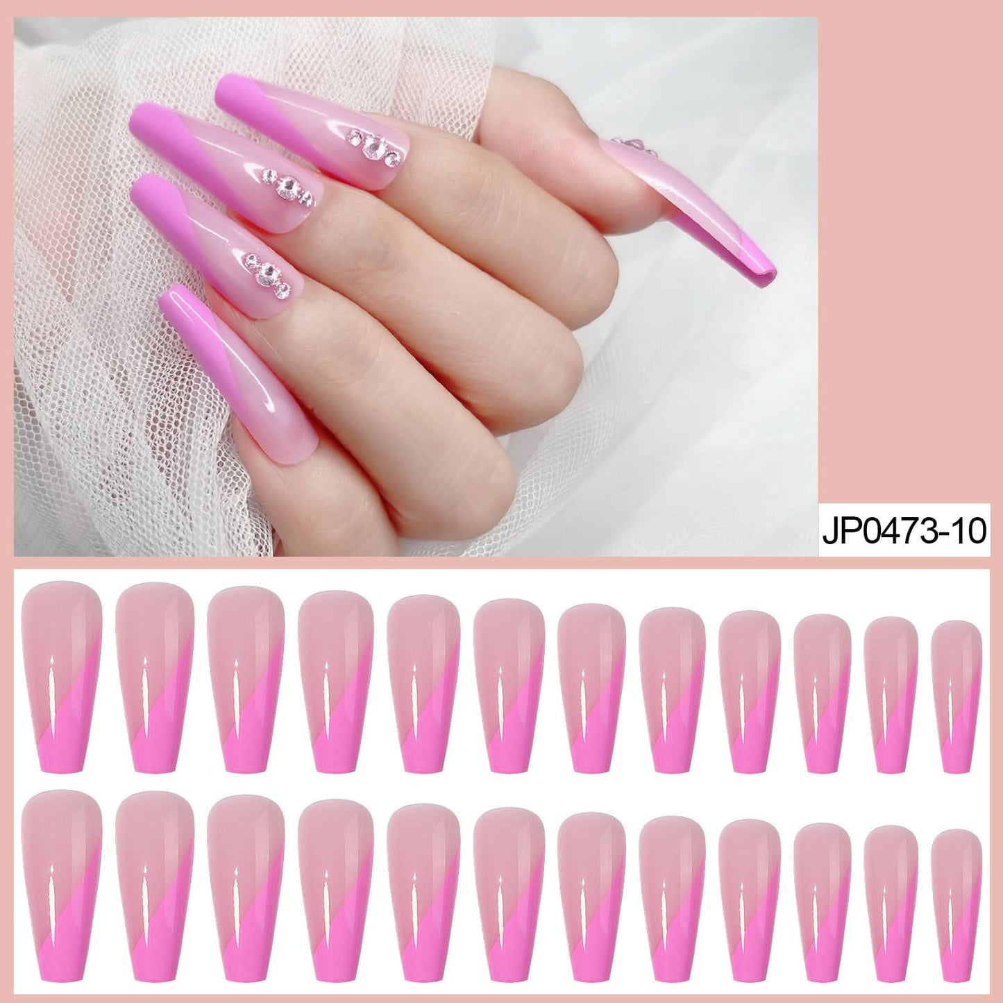 Extra-Long Coffin Press-On Nails – Glossy Pink Angled French Tip