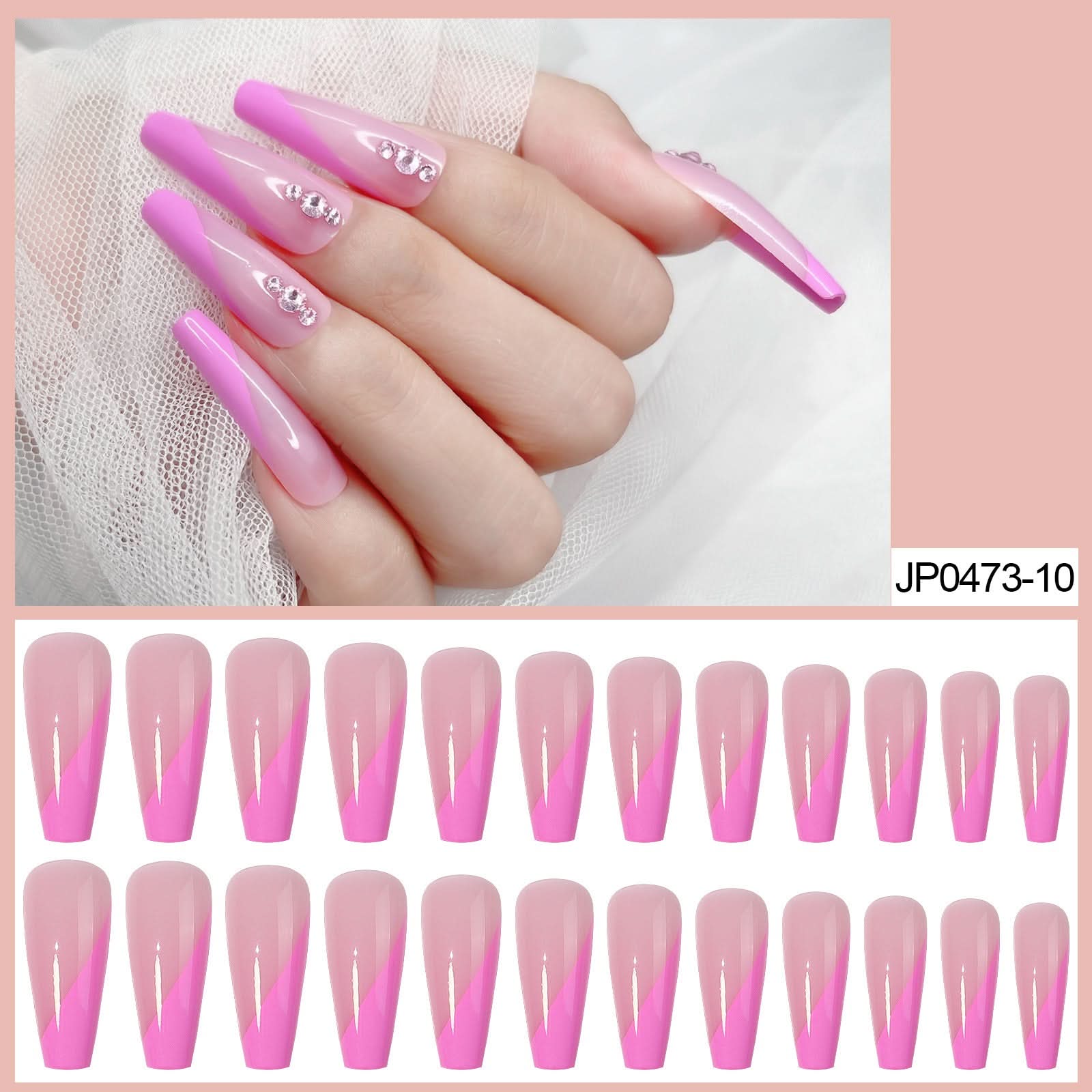 Extra-Long Coffin Press-On Nails – Glossy Pink Angled French Tip