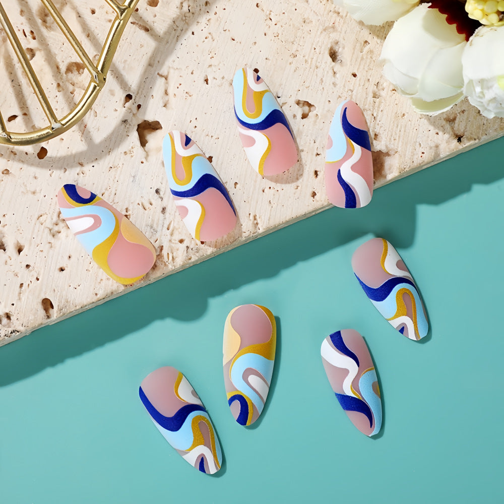 Luxury Swirl Almond Press-On Nails – Gold Rimmed Abstract Design, Reusable Acrylic Set