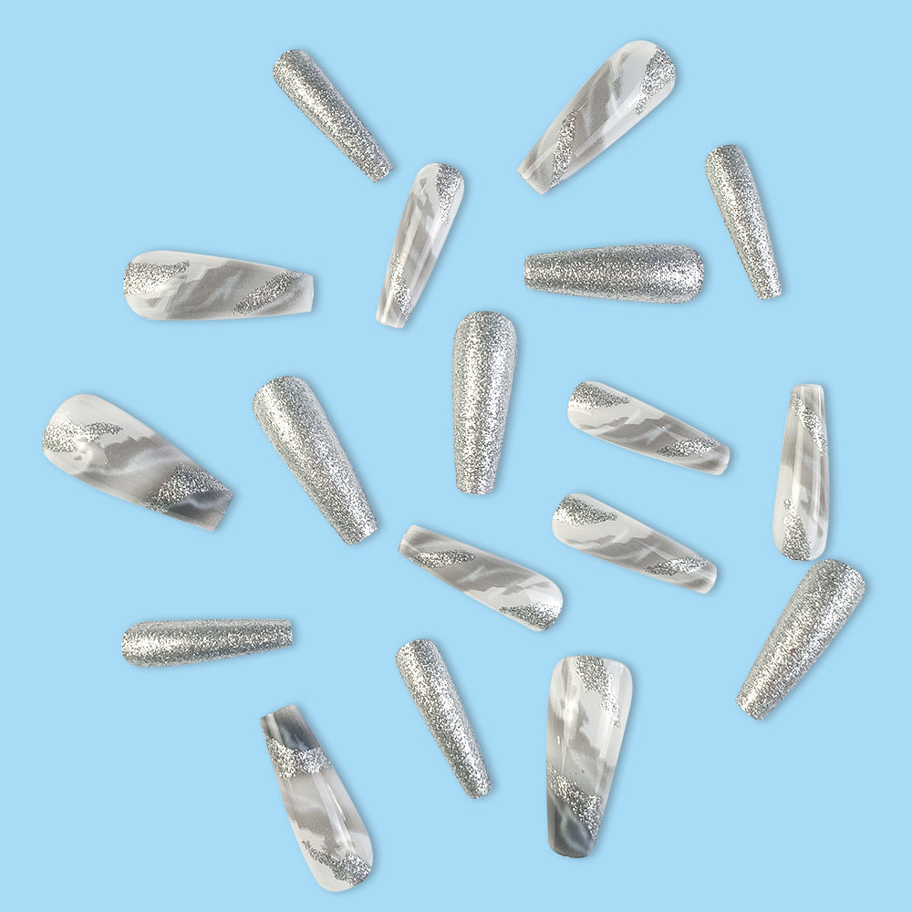 Marble Glitter Press-On Nails – Square Silver & White Acrylic Glue-On Set