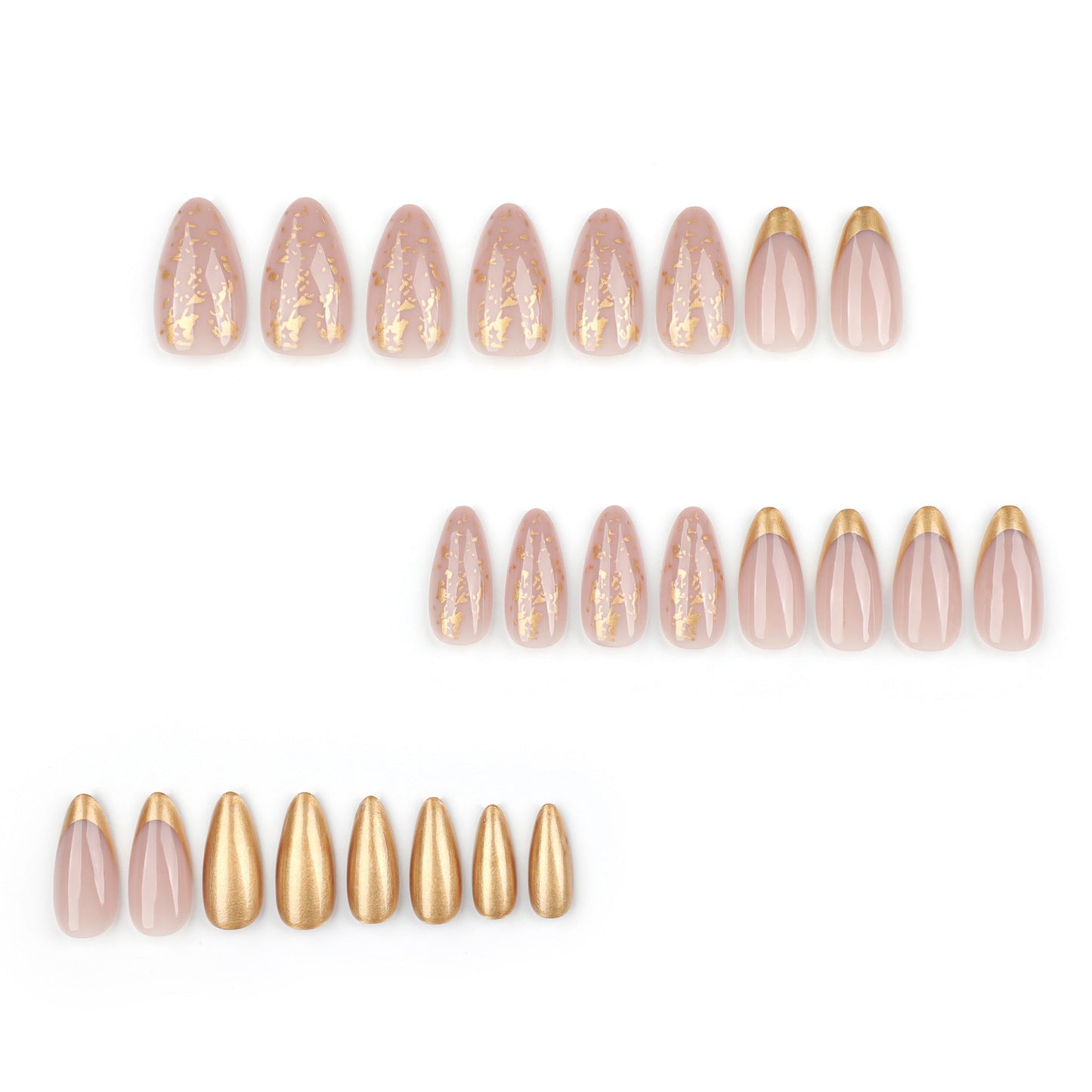 Pearlescent Almond Press-On Nails – Nude & Gold Foil French Tip Glue-On Set