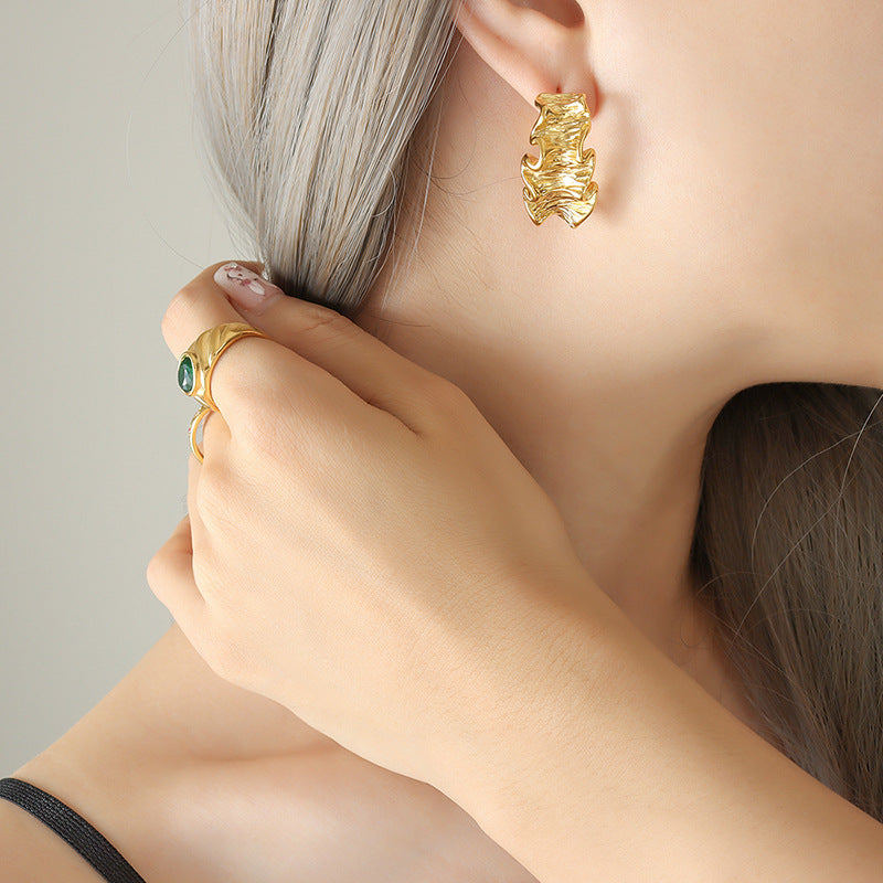 Gold-Plated Geometric Earrings for Women – Titanium Steel, Textured Statement Ear Buckle