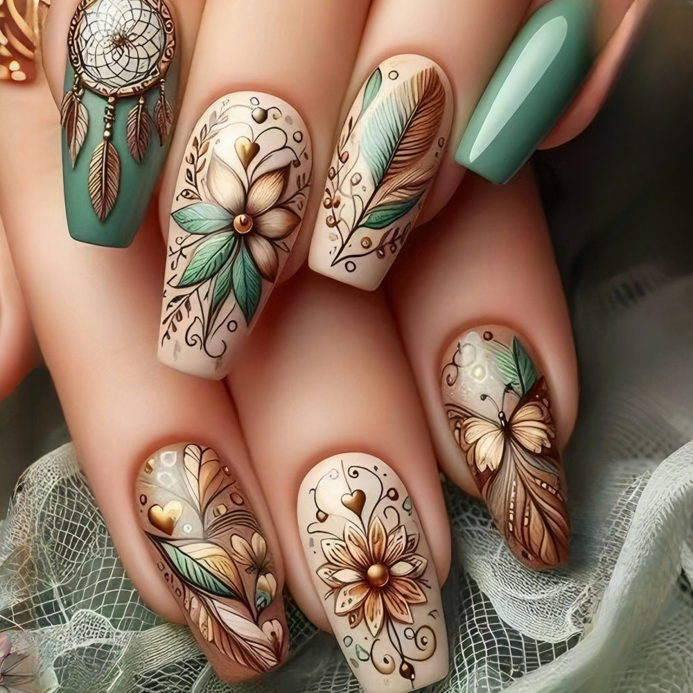 Long Almond Press-On Nails – Bohemian Floral & Butterfly Acrylic Nail Art Set (24pcs)