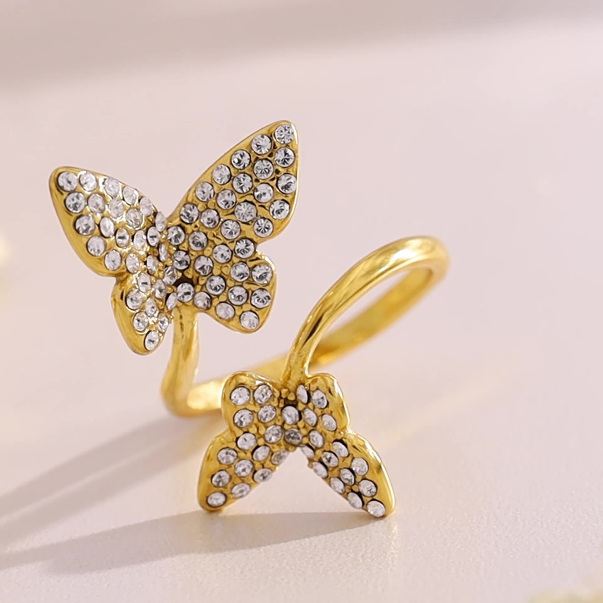 Double Butterfly Diamond Ring – Gold Titanium Steel Adjustable Luxury Jewelry