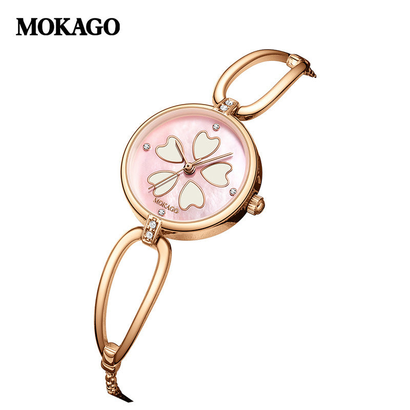 MOKAGO Women’s Quartz Watch – Sakura Petal Dial, Diamond Accent, Waterproof Bracelet