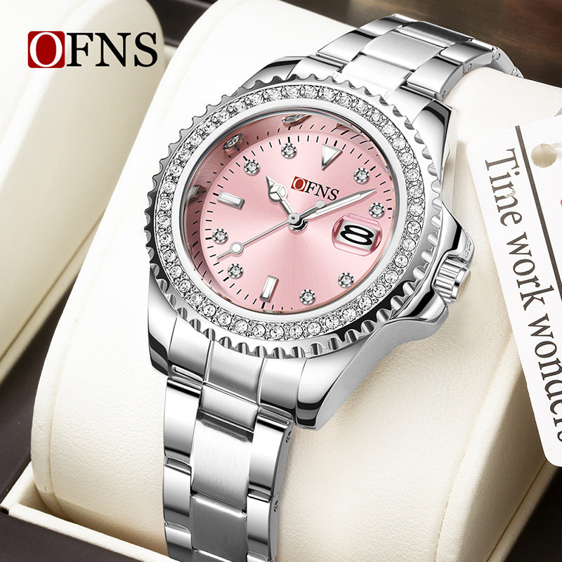OFNS Women’s Luxury Quartz Watch – Diamond Inlaid Dial, Calendar Display, Steel Strap