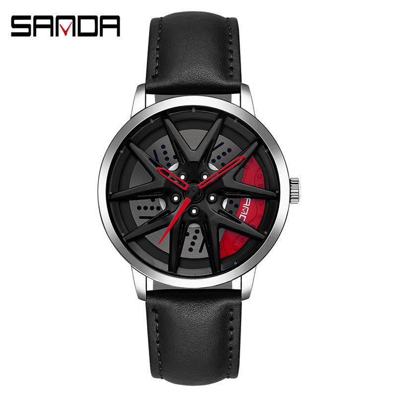 Sanda Men’s Quartz Watch – Wheel Series Dial, Leather Strap, Waterproof Timepiece
