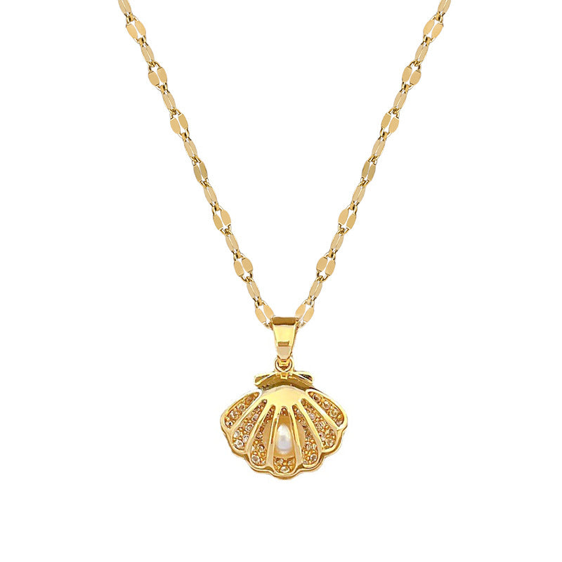 Luxury Zircon Shell Pearl Necklace – Titanium Steel Pendant with Micro-Inlaid Pearl